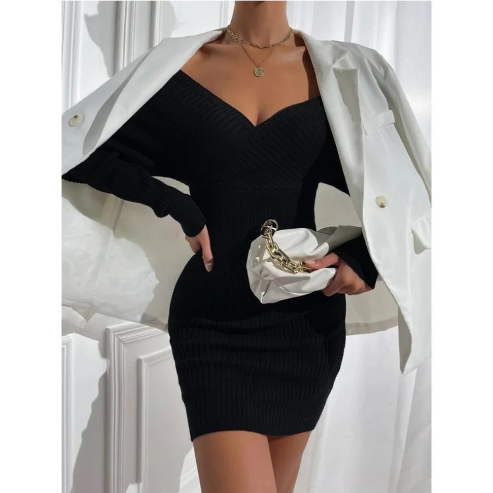 Fitted Off Shoulder Ribbed Sweater Dress Black Fall winter classy sexy evening - Picture 3 of 10